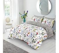 SeventhStitch The Art of Fine Living Double Duvet Cover Set 3 Piece, 100 Percent Cotton 200 Thread Count Reversible Stripe Silver Grey White Bedding Sets with Pillow Cases (Double) (XN123)