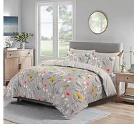 SeventhStitch The Art of Fine Living Duvet Cover Sets Reversible Floral Bedding Set, Easy Care Soft Cotton Quilt Covers with Pillow Cases White Grey Pink Double King (Double Floral), (123456)