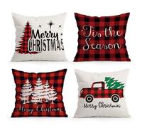 SEVENWELL 4 Pack Christmas Cushions Covers 45x45 cm, Red Black Buffalo Plaid Christmas Cushion Covers,Linen Xmas Tree Truck Pillows Cases for Home Sofa