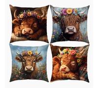 SEVENWELL Highland Cow Cushion Cover 50x50 cm Pack of 4 Scotland Scottish Decorations Throw Pillow Case Decor Home for Livingroom Couch Sofa 20"x20"
