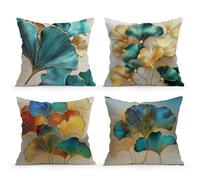 SEVENWELL Leaves Cushion Covers 45cm x 45cm Modern Blue Gold Ginkgo Throw Pillow Cover Set of 4 for Home Decor Cushion Case