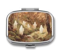 Several Cute White Ghosts in an Autumn Forest Pill Box 2 Compartment Portable Medicine Pill Case Travel Pill Organizer for Pocket Purse