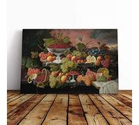 Severin Roesen Still Life Fruit and Sunset Canvas Print | Gallery Wrapped 30mm Frame Wall Art | 24x16 inches | Ready to Hang | Modern Landscape Picture | Living Room Bedroom Lounge Office