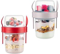 Seveston 2PCs Yogurt Pots 800ml Reusable overnight oats jar with lid On The Go Breakfast Cereal Storage Containers snack pots for Fruit Cereal Milk Porridge Set of 2 (Red, Pink)