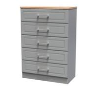 Welcome Furniture Ready Assembled Kent 5 Drawer Chest In Dusk Grey & Oak, Grey