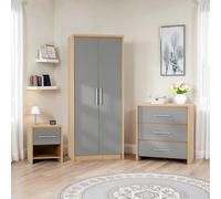 Seville 3pc Bedroom Set Wardrobe Chest Bedside Grey Gloss Light Oak Storage