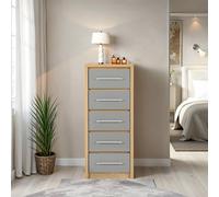 Seconique Seville 5 Drawer Narrow Chest in Grey Gloss/Light Oak Effect Veneer, none