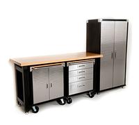 Seville Classics HD 4 Piece Standard Garage Storage System Timber Workbench and Steel Upright Cabinet