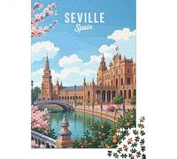 Seville Spain Vintage Poster Jigsaw Puzzle 1000 Pieces, Historic Square Architecture, Thick Cardboard Pieces for Travel Lovers, Mindful Activity, Gift Idea, 70x50cm/1000pcs