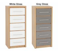 Seconique Seville 5 Drawer Narrow Chest - Grey Gloss/Light Oak Effect Veneer, Grey