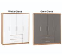 Seville 4 Door 2 Drawer Grey High Gloss/Light Oak Effect Veneer Wardrobe Bedroom