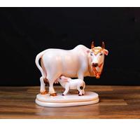 SEVLIYA TRADERS Calf Statue in Marble Dust, 9CM Holy COWW Idol, Showpiece for Home Decor, Handmade Divine COWW, Mother COWW with Baby Calf, kamdhenu (Gold)