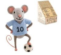 Sew Heart Felt - Blue Footballer Mouse - Handmade Gift For Argentina Fans | Needle felted wool character in blue kit with miniature football, made for Argentina supporters