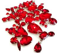 sew on gems, 50Pcs/Bag Mix Shape Crystal Stones Sewing Sliver Claw Setting Glass Rhinestone DIY Bags Shoes Clothing Accessories(Red)