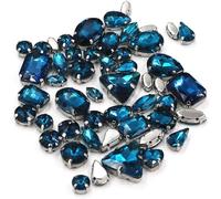 sew on gems, 50Pcs/Bag Mix Shape Crystal Stones Sewing Sliver Claw Setting Glass Rhinestone DIY Bags Shoes Clothing Accessories(Peacock Blue)