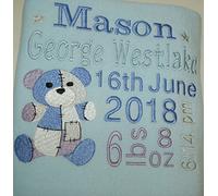 Sew Sew Special Boys Personalised Super Soft Teddy Birth Blanket. (Blue)