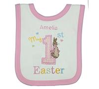 Sew Sew Special Girl’s Personalised 1st Peter The Rabbit Easter Bib. (White - pink trim)