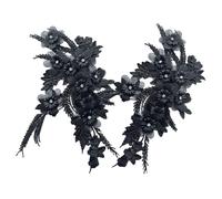 SEWACC 1 Pair Black Beaded Embroidered 3D Flower Lace Appliques Patch for Wedding Dress Decoration, Floral Sequin Lace Fabric Embellishment, Sewing Applique for Bridal Gown and Party