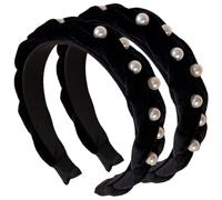 SEWACC 2pcs Black Velvet Pearl Headbands for Women, Wide Padded Hair Hoops Embellished Pearls, Stylish Statement Hair Accessories for Daily and Party Wear
