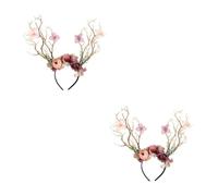 SEWACC 2pcs Christmas Antler Headbands for Women Light Brown Elk Hair Accessories with Branch Design Funny Pretend Antler Headdress for Holiday Cosplay and Party