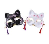 SEWACC 2pcs Japanese Cat Japanese Plastic Hand Painted Half Cosplay for Halloween Facepiece Festival Dresss Up (Black, White)