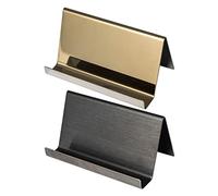SEWACC 2Pcs Metal Business Card Holder Stainless Steel Name Card Stands Black Brushed Gold Mirror Finish Office Desk Display Stands for Professional and Presentation