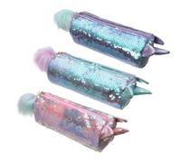 SEWACC 3Pc Cartoon Pencil Case Transparent Sequin Makeup Pouch for School Office Compact Large Capacity Stationery Organizer in Pink Green Purple