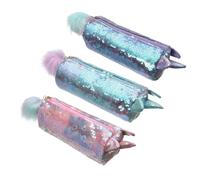 SEWACC 3Pc Sequin Pencil Case Transparent Glitter Stationery Organizer Pouch for School Office Compact Large Capacity Cartoon Storage Bag in Pink Green Purple