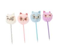SEWACC 4Pcs Cute Owl Fluffy Pom Pom Pens Multi Function Writing Sign Pens with Lid Design for Students Office School Supplies Gift