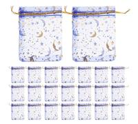 SEWACC 50Pcs Blue Mesh Drawstring Organza Bags 9X12Cm with Gold Silver Foil Moon Star Print, Small Portable Jewelry Pouches for Travel, Wedding, Party Sachets