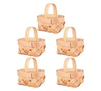 SEWACC 5pcs Miniature Woven Wood Chip Baskets with Handles Handmade Rustic Rattan Trays Small Mini Guest Baskets for Wedding Party Favors Shopping and Decorative Storage