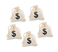 SEWACC 5pcs Small Beige Canvas Money Bags with Sign Durable Drawstring Closure Pouches for Cash Storage Party Favors DIY Deposit and Change Transit