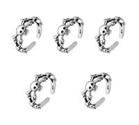 SEWACC 5pcs Vintage Adjustable Skull Ring Gothic Open Band Finger Rings Retro Narrow Irregular Design in Antique Silver Tone Halloween Skeleton Jewelry for Men and Women