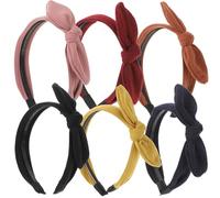 SEWACC 6pcs Wide Striped Rabbit Ear Headbands with Bow Knots for Women, Stretchy Non-slip Hair Accessories, Set Including Red, Black, Wine, Pink, Navy, Mustard