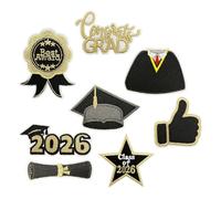 SEWACC 8Pcs Black Gold 2026 Graduation Iron-On Embroidered Patches Set for Graduation Gowns Hats Costumes, Fabric Sew-On Star and Diploma Appliques for Clothes and Denim