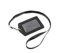 SEWACC Black Leather Employee Id Badge Holder with Removable Lanyard Single Sided Vertical Card Case for Office School and Travel Use