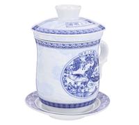 SEWACC Blue Porcelain Tea Cup with Lid Infuser, Retro Chinese Style Teacup | Fine Bone China Mugs, Reusable Cup for Herbal or Black Tea, Saucer Accessory, Smooth Landscape Pattern for Afternoon