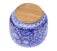 SEWACC Ceramic Tea Storage Container with Sealing Wooden Lid 230Ml Blue Flower Pattern for Black and Scented Tea Lovers
