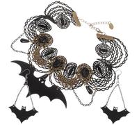 SEWACC Halloween Jewellery Set Lace Bat Necklace and Earrings Set Black Polyester Pu Zinc Alloy Resin for Halloween Birthday Party Carnival