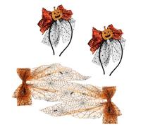 SEWACC Halloween Orange Pumpkin and Spiderweb Tulle Headbands with Long Tail Bow Hair Clips, 4pcs Set Festive Costume Hair Accessories for Women and Party