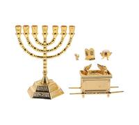 SEWACC Israel Ark of the Covenant Figurine Sculpture with Vintage Menorah Candle Holder Set - Religious Judaic Tabletop Decor, Biblical Faith Ornament for Home and Spiritual Display