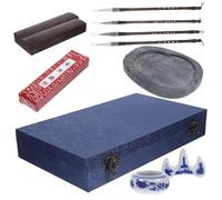 SEWACC Portable Ink Brush with Ink Stone and Writing Brush for Chinese Calligraphy Artists Blue Brocade Box Kit Durable and Easy to Use Calligraphy Practice Supplies for Drawing and Kanji