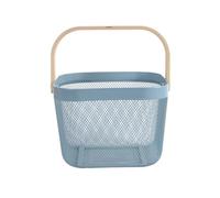 SEWACC Wood Handle Plastic Wire Basket for Storage and Shopping Use | Hollow Design, Double Handles, Quick Drainage, Stackable Nesting, Blue Finish, for Drinks, Shoes
