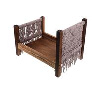 SEWACC Wooden Newborn Photography Prop Bed with Retro Bohemian Macrame Tassels, Vintage Mini Posing Bed for Photoshoot, Studio and Home Photo Session Accessory