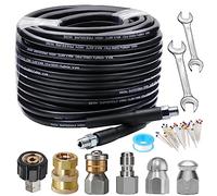 Sewer Jetter Kit 100FT for Pressure Washer, 5800PSI Drain Cleaner Hose 1/4 Inch NPT Corner Rotating and Button Nose Sewer Jetting Nozzle Spanner Waterproof Tape Pearl Corsage Pin