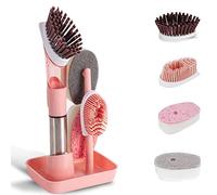 seweu Dish Cleaning Brush-Soap Dispensing Dish Brush Set & 4 Replacement Heads Storage Holder for Dish Pot Pan Sink-Pink