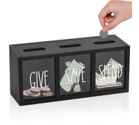 seweu Wooden Give Save Spend Money Saving Box for Kids, Countertop Kid Piggy Bank for Daily Cash, Wall-Mount Kids Bank Easy Install Black