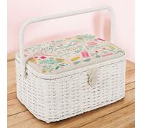 Hobby Gift Oval Sewing Box - Large, Cotton Linen Look, Embroidered ‘My Sewing’ Design, Wicker Sides & Handle, Internal Tray, Pocket & Pincushion, Stylish & Practical Sewing Storage, 23.5 x 31.5 x 16cm