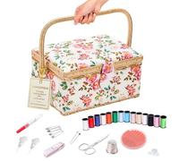 Sewing Basket with Accessories, Floral Print Sewing Box for Sewing Supplies,Wooden Sewing Kits Storage Box with Removable Tray,Sewing Basket Organizer Carrying Bag for Beginners & Professional
