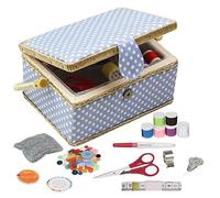 Sewing Box with Sewing Kit Accessories, D&D Wooden Sewing Basket Organizer with Accessories for Home, Travel, Blue Polka Dot